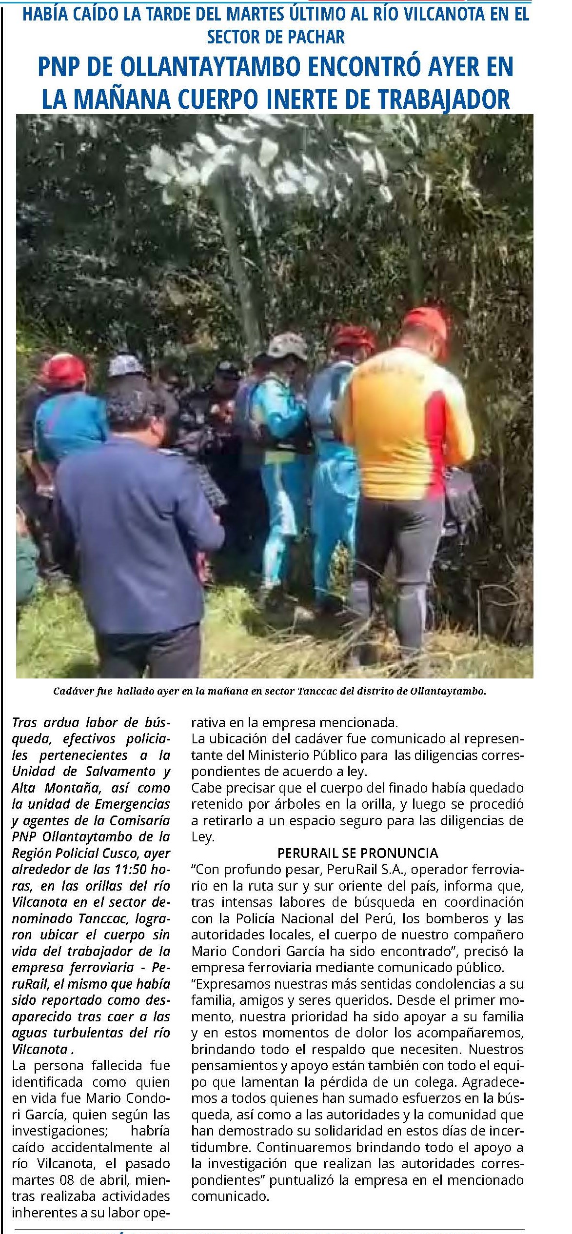 HALLAN SIN VIDA A TRABAJADOR DE PERÚ RAIL TRAS CAER AL RÍO VILCANOTA EN OLLANTAYTAMBO