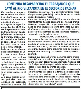 TRABAJADOR DE PERÚ RAIL DESAPARECE EN RÍO VILCANOTA TRAS ACCIDENTE EN OLLANTAYTAMBO