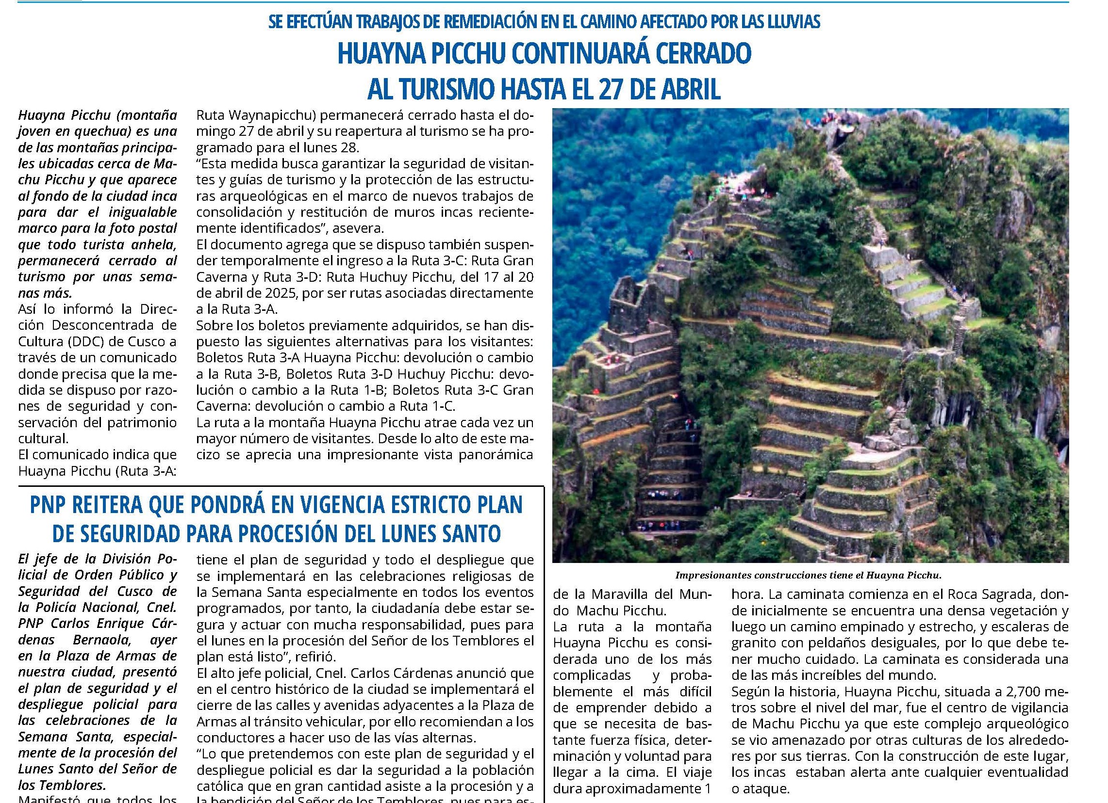HUAYNA PICCHU PERMANECERÁ CERRADO AL TURISMO HASTA EL 27 DE ABRIL