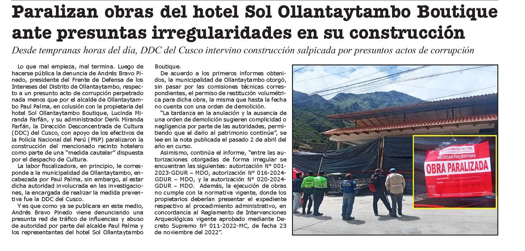 PARALIZAN OBRAS DEL HOTEL SOL OLLANTAYTAMBO BOUTIQUE ANTE PRESUNTAS IRREGULARIDADES EN SU CONSTRUCCIÓN