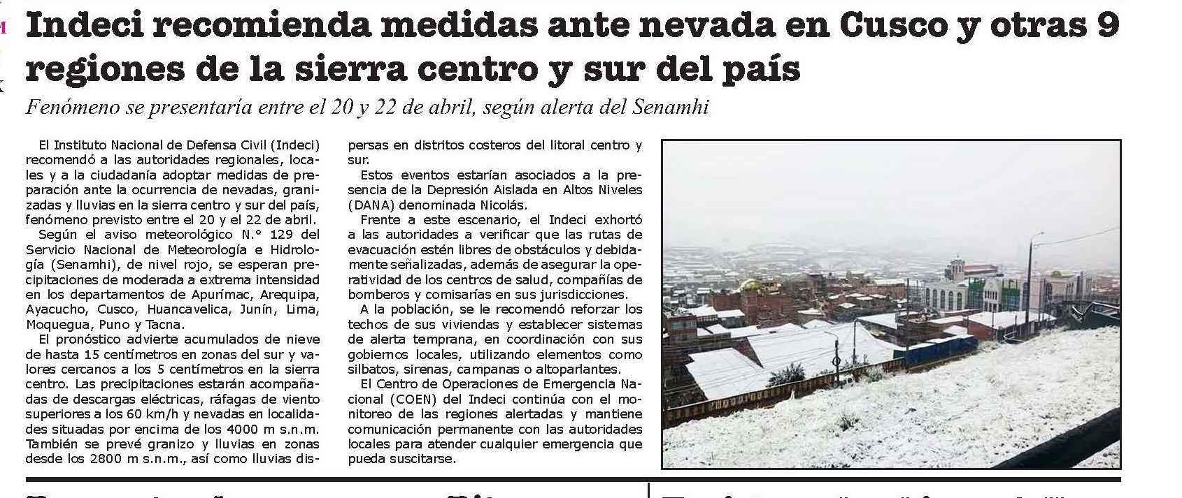INDECI RECOMIENDA MEDIDAS ANTE NEVADA EN CUSCO Y OTRAS 9 REGIONES DE LA SIERRA CENTRO Y SUR DEL PAÍS