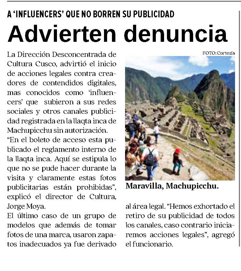 MACHUPICCHU NO PUEDE SER USADO PARA FINES PUBLICITARIOS