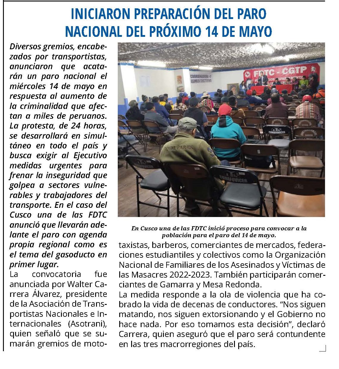 PARO NACIONAL DEL PRÓXIMO 14 DE MAYO SE ACATARÁ EN CUSCO