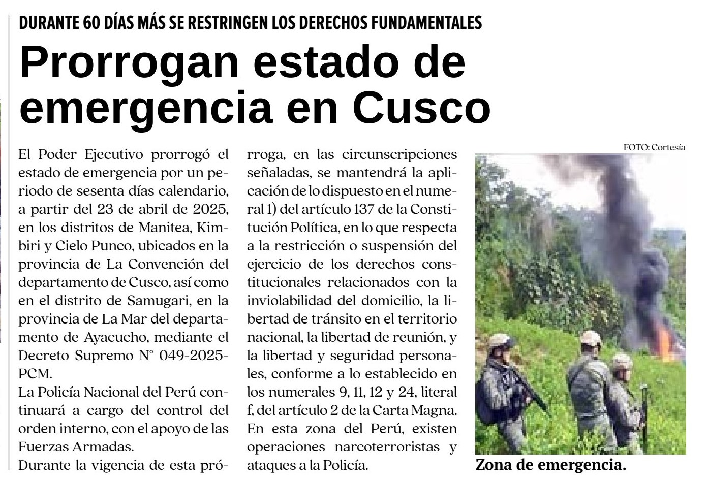 PRORROGAN ESTADO DE EMERGENCIA EN CUSCO