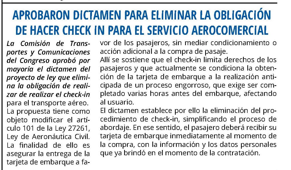 APROBARON DICTAMEN PARA ELIMINAR LA OBLIGACIÓN DE HACER CHECK IN PARA EL SERVICIO AEROCOMERCIAL