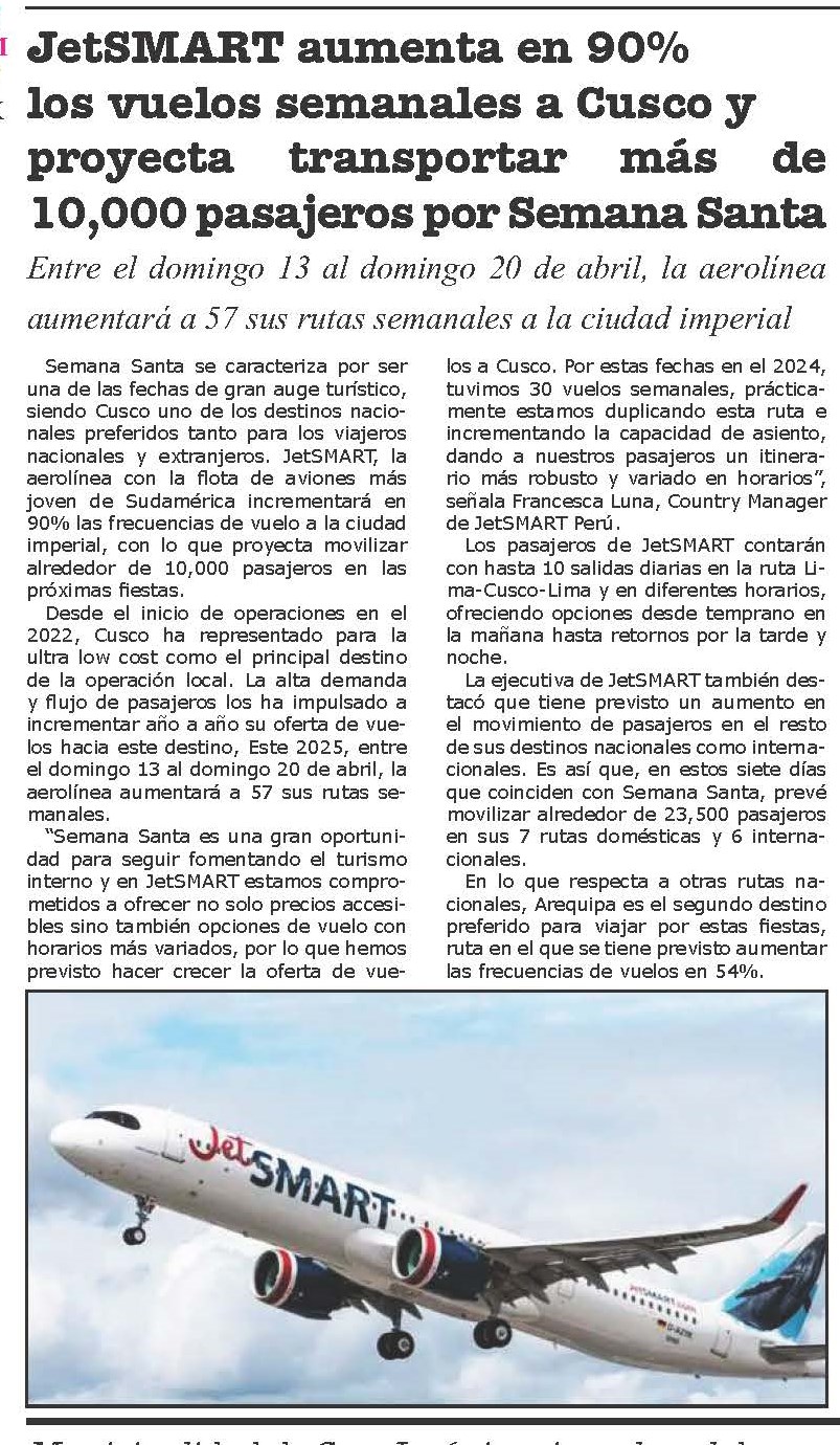 JETSMART AUMENTA EN 90 % LJETSMART AUMENTA EN 90 % LOS VUELOS SEMANALES A POR SEMANA SANTAOS VUELOS SEMANALES A POR SEMANA SANTA