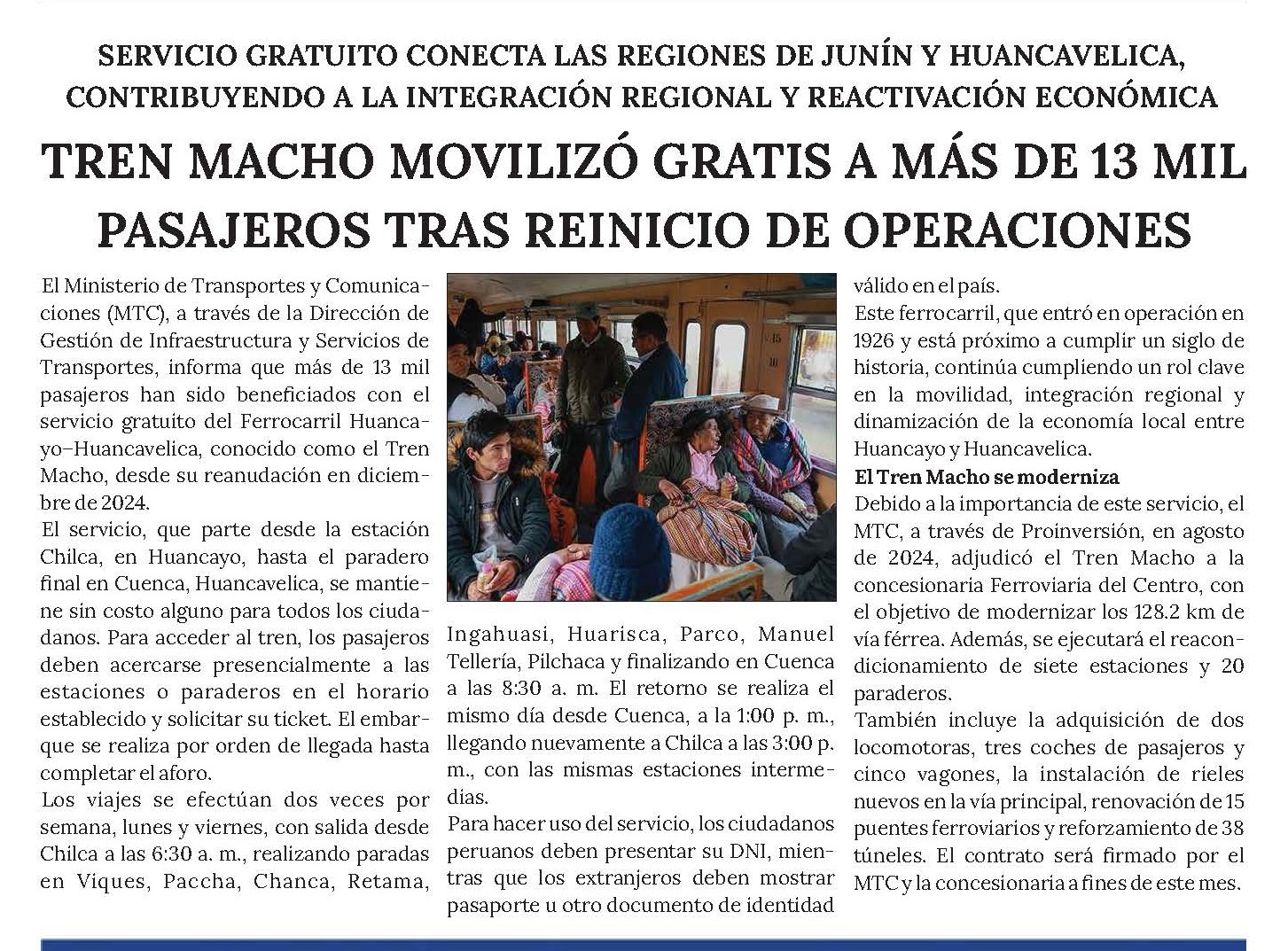 TREN MACHO MOVILIZÓ GRATIS A MÁS DE 13 MIL PASAJEROS TRAS REINICIO DE OPERACIONES